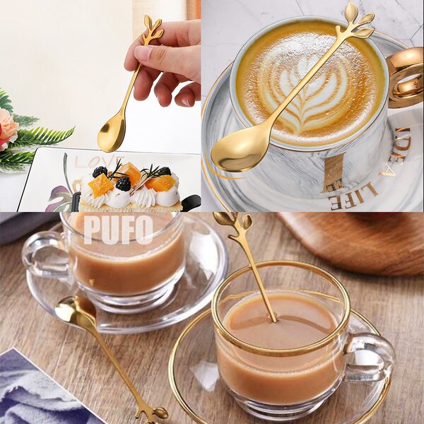 Set 6 lingurite Pufo Leaf pentru cafea, ceai, desert, otel, maner in forma de frunzulita, auriu, 13 cm