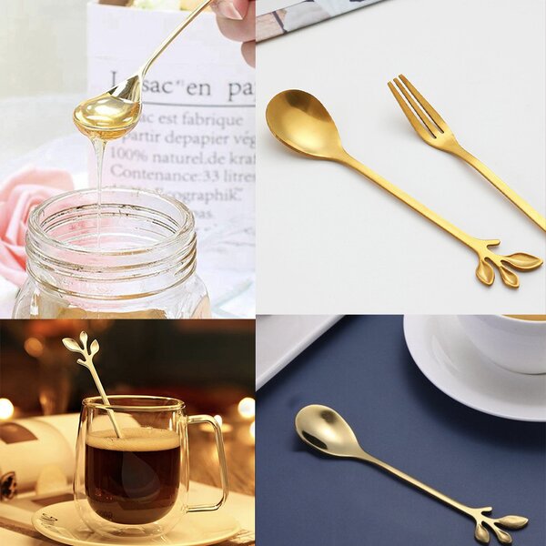 Set 6 lingurite Pufo Leaf pentru cafea, ceai, desert, otel, maner in forma de frunzulita, auriu, 13 cm