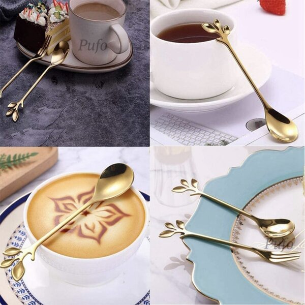 Set 6 lingurite Pufo Leaf pentru cafea, ceai, desert, otel, maner in forma de frunzulita, auriu, 13 cm