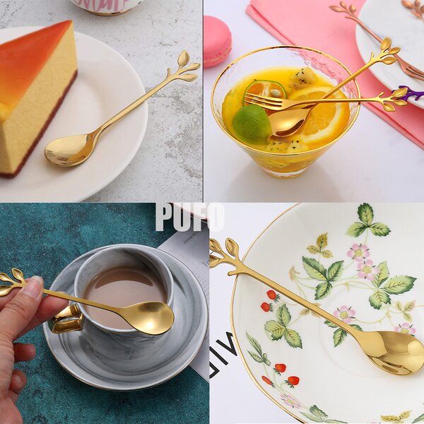 Set 6 lingurite Pufo Leaf pentru cafea, ceai, desert, otel, maner in forma de frunzulita, auriu, 13 cm