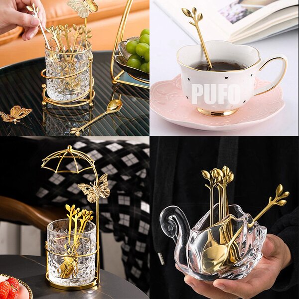 Set 6 lingurite Pufo Leaf pentru cafea, ceai, desert, otel, maner in forma de frunzulita, auriu, 13 cm