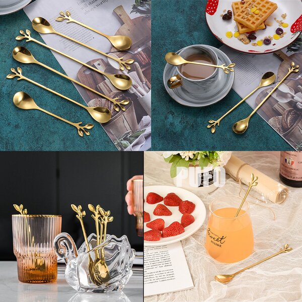 Set 6 lingurite Pufo Leaf pentru cafea, ceai, desert, otel, maner in forma de frunzulita, auriu, 13 cm