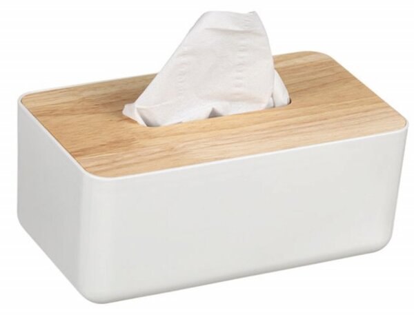 Cutie decorativa pentru servetele Pufo, cu capac din bambus, 23 x 13 cm, alb/maro