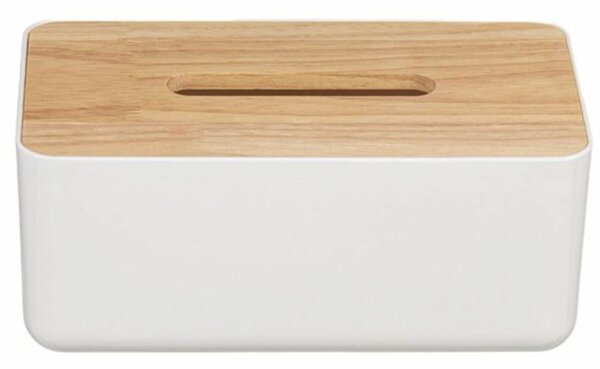 Cutie decorativa pentru servetele Pufo, cu capac din bambus, 23 x 13 cm, alb/maro