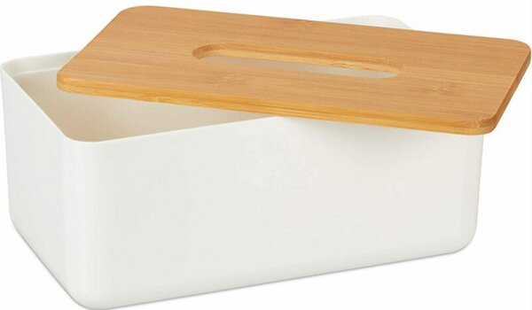 Cutie decorativa pentru servetele Pufo, cu capac din bambus, 23 x 13 cm, alb/maro