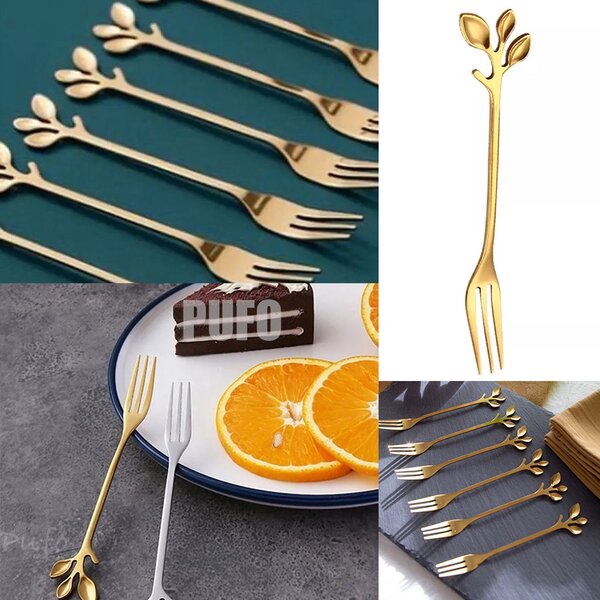 Set 6 furculite Pufo Leaf pentru desert, fructe, otel, maner in forma de frunzulita, auriu, 13 cm