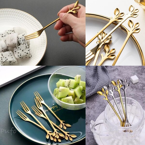 Set 6 furculite Pufo Leaf pentru desert, fructe, otel, maner in forma de frunzulita, auriu, 13 cm