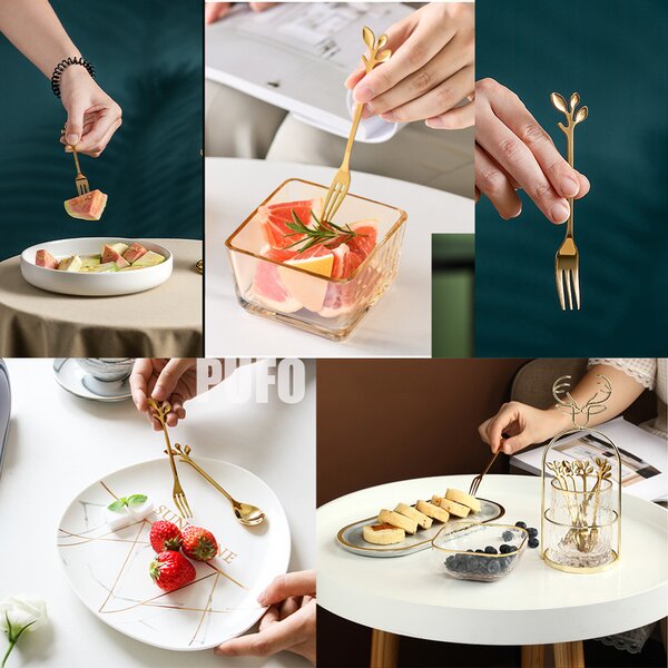 Set 6 furculite Pufo Leaf pentru desert, fructe, otel, maner in forma de frunzulita, auriu, 13 cm