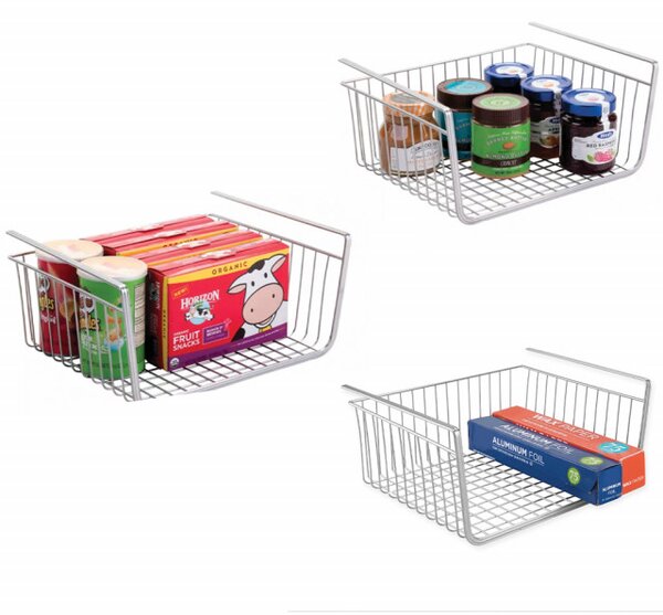Suport metalic tip cos pentru depozitare sub raft Pufo pentru casa si bucatarie, multifunctional, 40 x 26 cm, argintiu