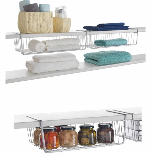 Suport metalic tip cos pentru depozitare sub raft Pufo pentru casa si bucatarie, multifunctional, 40 x 26 cm, argintiu