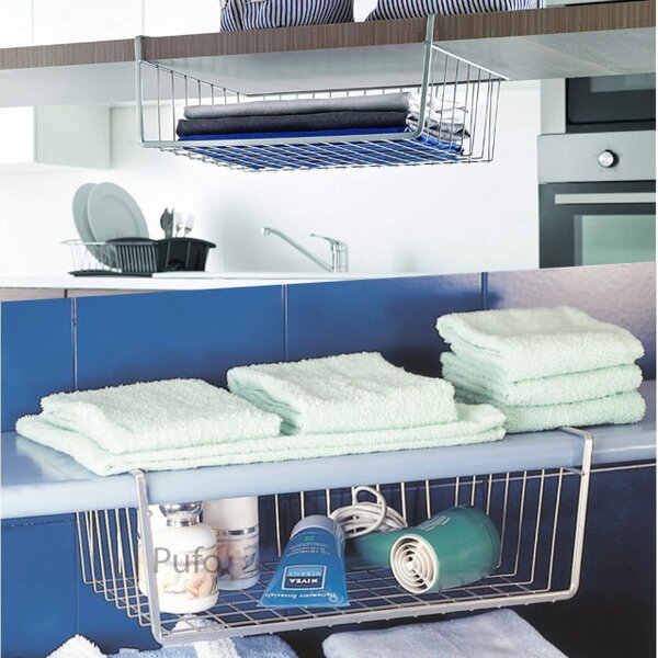 Suport metalic tip cos pentru depozitare sub raft Pufo pentru casa si bucatarie, multifunctional, 40 x 26 cm, argintiu