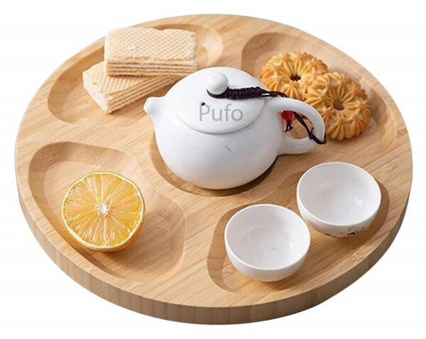 Platou rotund Pufo din lemn de bambus pentru servire cu 5 compartimente, 25 cm, maro