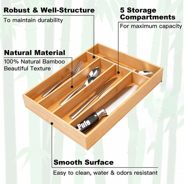 Organizator tacamuri Pufo Cuisine din lemn de bambus cu 5 compartimente, 37 x 25 cm