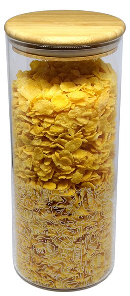 Recipient din sticla borosilicata Pufo Taste pentru zahar, cafea, ceai sau condimente, cu capac ermetic din bambus, 1.4L