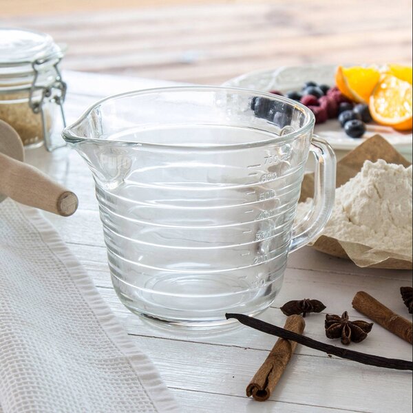 Latiera gradata Pufo din sticla, pentru spumare lapte, cappuccino, tip ulcior barista cu maner, 700 ml