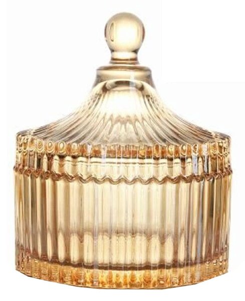 Bomboniera tip zaharnita Pufo Style din sticla cu capac, 14 cm, galben