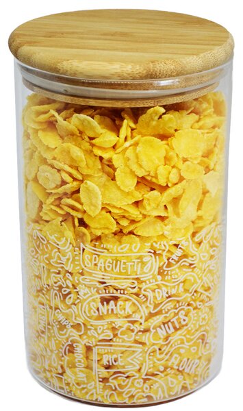 Recipient din sticla borosilicata Pufo Taste pentru zahar, cafea, ceai sau condimente, cu capac ermetic din bambus, 1L