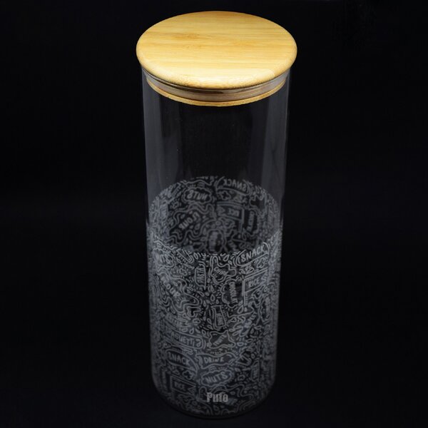 Recipient din sticla borosilicata Pufo Taste pentru zahar, cafea, ceai sau condimente, cu capac ermetic din bambus, 1.9 L