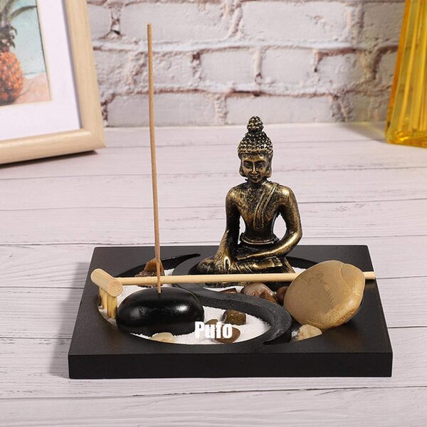 Set decorativ Feng Shui cu suport pentru lumanari si betisoare parfumate cu statueta Buddha