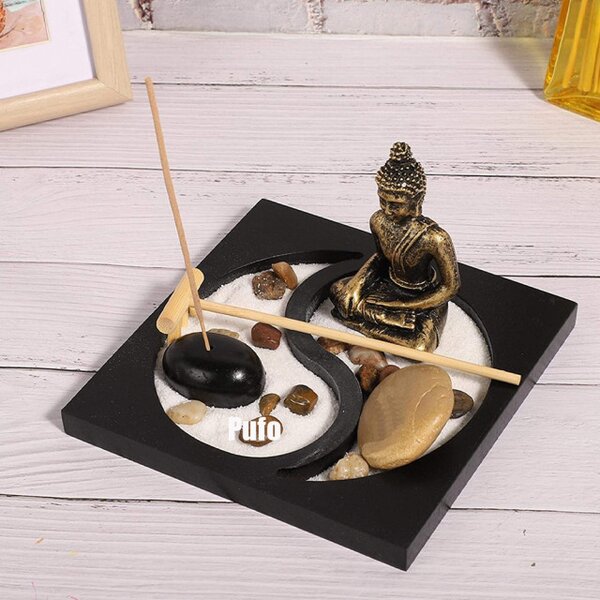 Set decorativ Feng Shui cu suport pentru lumanari si betisoare parfumate cu statueta Buddha