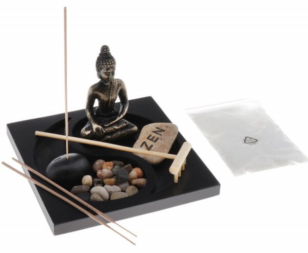 Set decorativ Feng Shui cu suport pentru lumanari si betisoare parfumate cu statueta Buddha