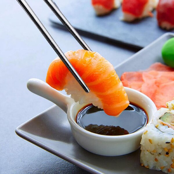 Set 5 perechi betisoare metalice Pufo Premium din otel pentru sushi, 22 cm, argintiu