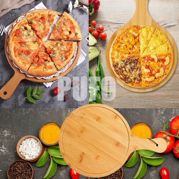 Platou rotund Pufo din lemn de bambus cu maner pentru servire alimente, aperitive, pizza, 44 cm, maro