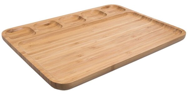 Platou Pufo din lemn de bambus pentru servire cu 6 compartimente, 32 x 23 cm, maro