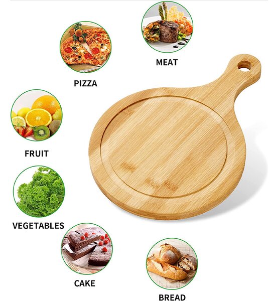 Platou rotund Pufo din lemn de bambus cu maner pentru servire alimente, aperitive, pizza, 44 cm, maro
