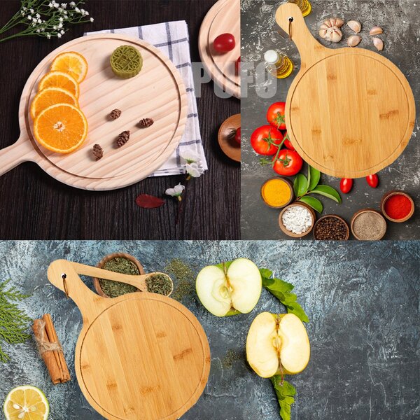 Platou rotund Pufo din lemn de bambus cu maner pentru servire alimente, aperitive, pizza, 44 cm, maro