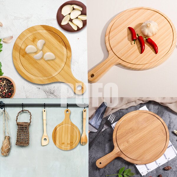Platou rotund Pufo din lemn de bambus cu maner pentru servire alimente, aperitive, pizza, 44 cm, maro
