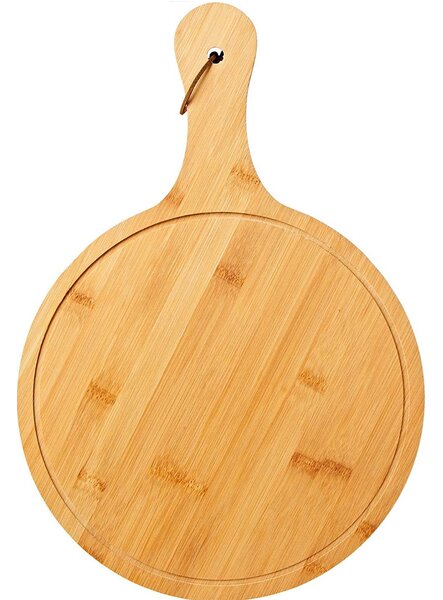 Platou rotund Pufo din lemn de bambus cu maner pentru servire alimente, aperitive, pizza, 44 cm, maro