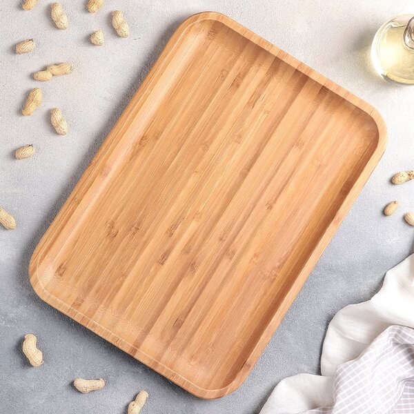 Platou Pufo din lemn de bambus pentru servire alimente, aperitive, dulciuri, pizza, 30 x 20 cm, maro