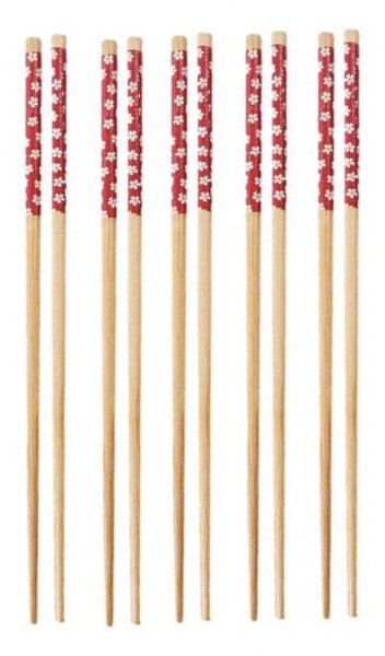 Set 5 perechi betisoare Pufo din bambus pentru sushi, 22 cm, maro/rosu