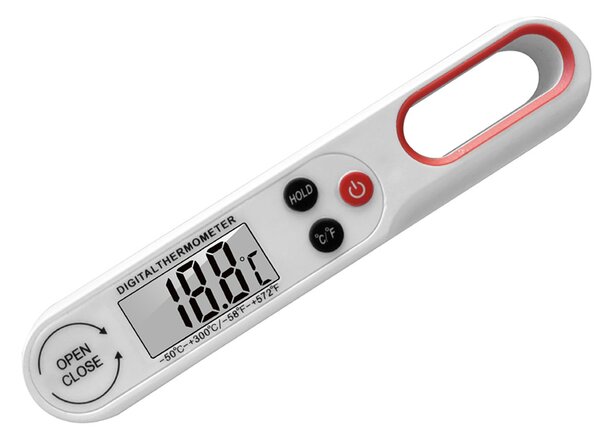Termometru digital cu sonda Pufo, Display mare usor de citit, -50°C ~ +300°C, Oprire automata, Model pliabil, Alb