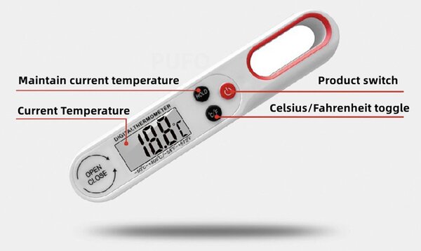 Termometru digital cu sonda Pufo, Display mare usor de citit, -50°C ~ +300°C, Oprire automata, Model pliabil, Alb