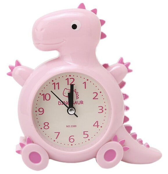 Ceas de masa desteptator pentru copii Pufo, model Happy Dyno, 15 cm, roz