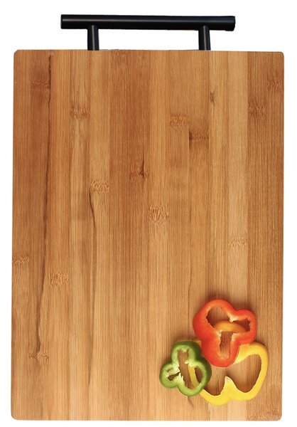 Tocator de bucatarie gros Pufo Premium din lemn de bambus cu maner din metal, maro, 45 x 32 cm
