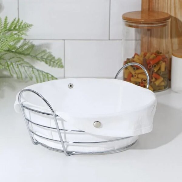 Cos metalic oval Pufo Luxury de bucatarie pentru servire paine, cu husa detasabila textila, 27 x 20 cm, argintiu