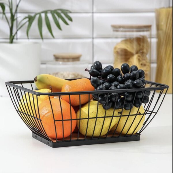 Fructiera metalica Pufo, cu fund din bambus, dreptunghiulara, 28 x 22.5 cm, negru