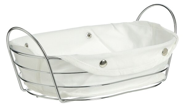 Cos metalic oval Pufo Luxury Premium de bucatarie pentru servire paine, cu husa detasabila textila, 27 x 20 cm, argintiu