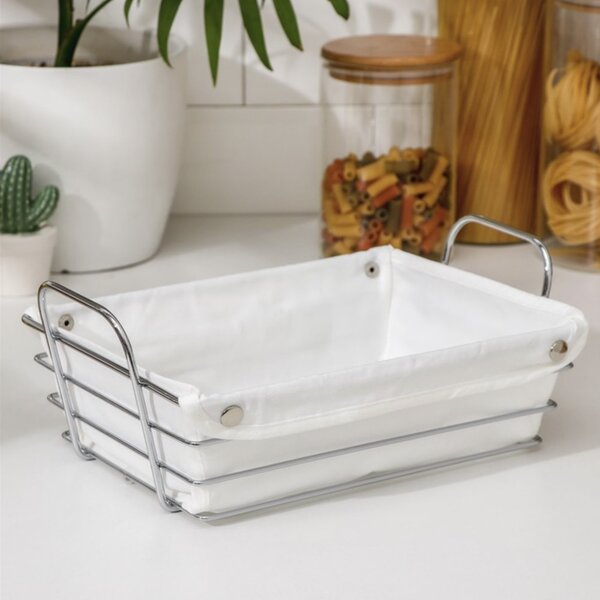 Cos metalic dreptunghiular Pufo Luxury de bucatarie pentru servire paine, cu husa detasabila textila, 26 x 19 cm, argintiu