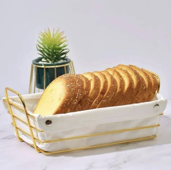 Cos metalic dreptunghiular Pufo de bucatarie pentru servire paine, cu husa detasabila textila, 26 x 19 cm, auriu