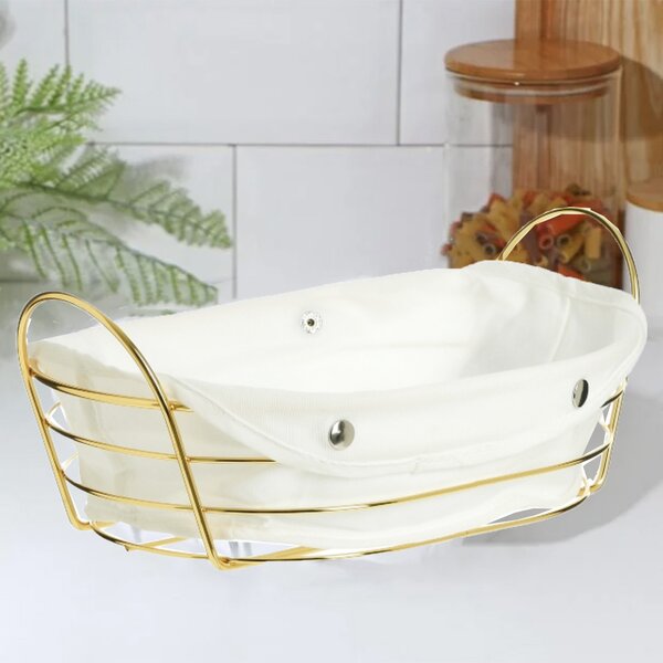 Cos metalic oval Pufo Luxury de bucatarie pentru servire paine, cu husa detasabila textila, 27 x 20 cm, auriu