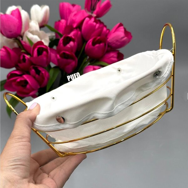 Cos metalic oval Pufo Luxury de bucatarie pentru servire paine, cu husa detasabila textila, 27 x 20 cm, auriu