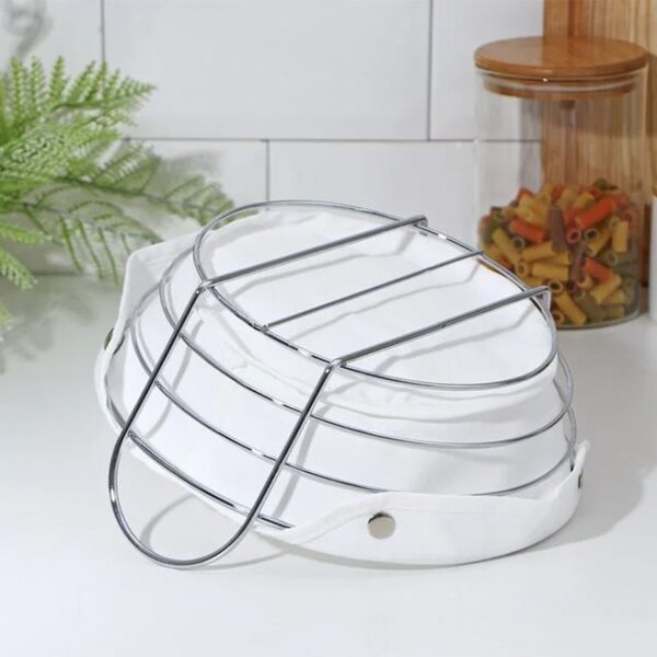 Cos metalic oval Pufo Luxury de bucatarie pentru servire paine, cu husa detasabila textila, 27 x 20 cm, argintiu