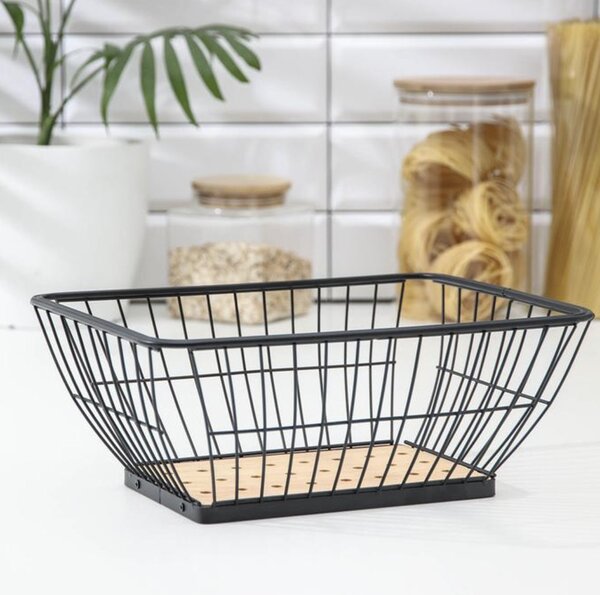 Fructiera metalica Pufo, cu fund din bambus, dreptunghiulara, 28 x 22.5 cm, negru
