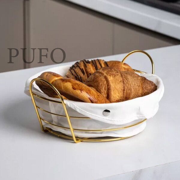 Cos metalic oval Pufo Luxury de bucatarie pentru servire paine, cu husa detasabila textila, 27 x 20 cm, auriu