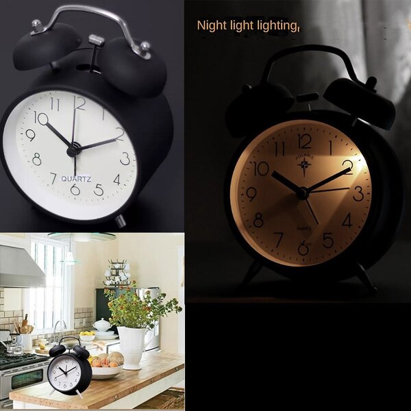 Ceas de masa desteptator Pufo Prime cu buton de iluminare cadran, metalic, 15 cm, negru