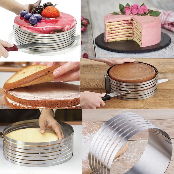 Inel metalic reglabil Pufo Cake pentru blat de tort, prajituri, cu 6 spatii de feliere, diametru 24 cm, argintiu